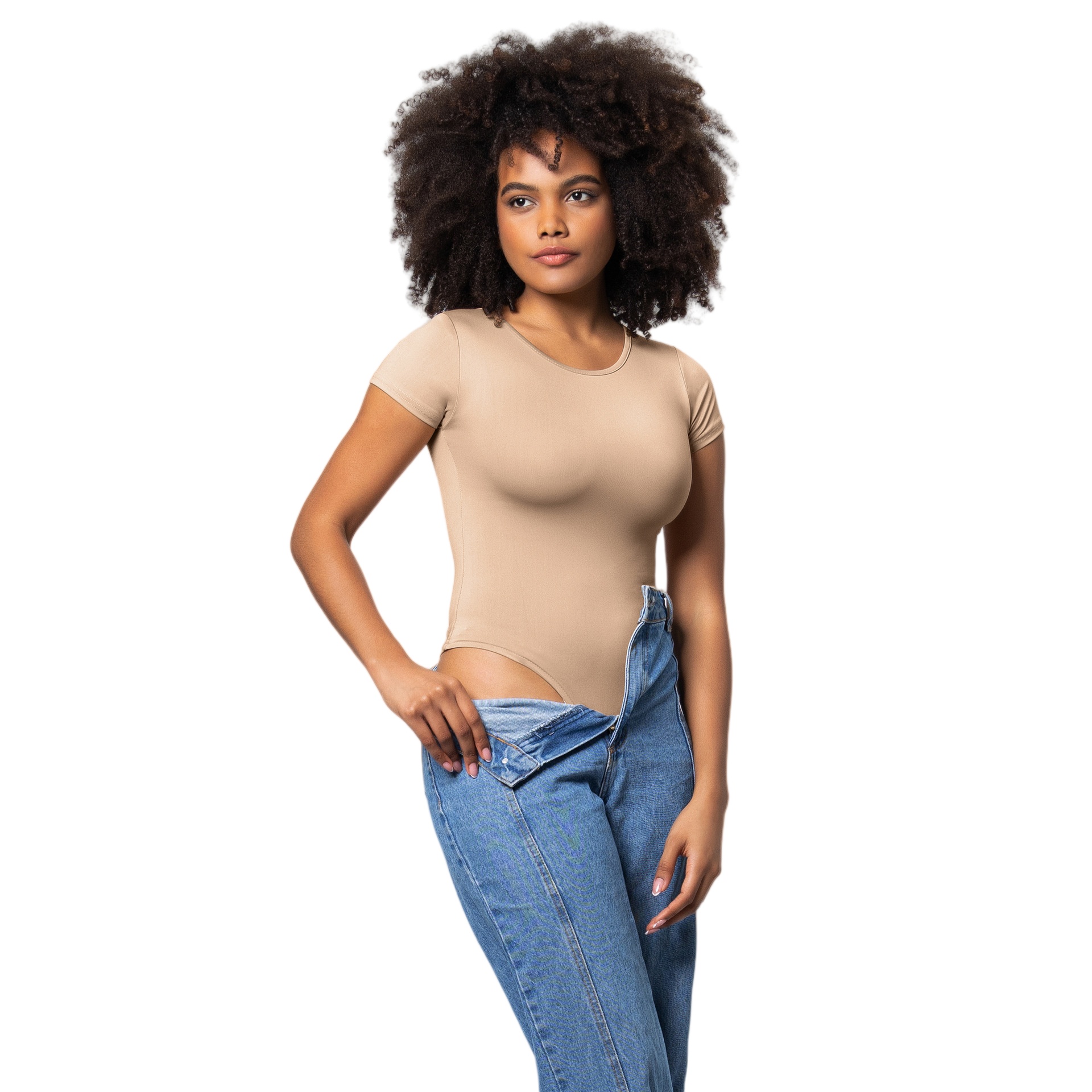Womens Seamless Short Sleeve Bodysuit - Round Neck Thong Body Shaper